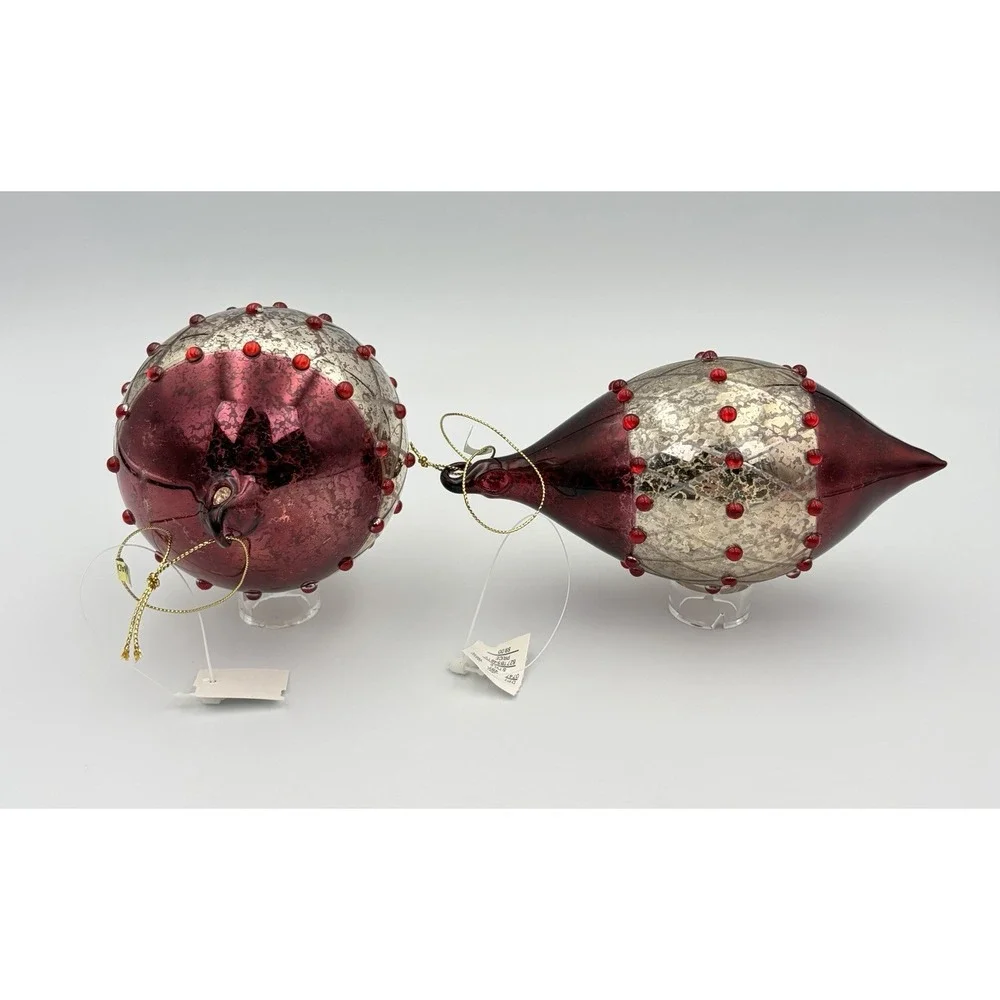 Dillards Trimmings Vintage Mercury Glass Christmas Ornaments Burgundy Gold Set 2